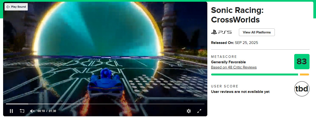 《索尼克賽車》新作媒體評分正式解禁 M站均分為83分 《索尼克賽車》新作媒體評分正式解禁 M站均分為83分