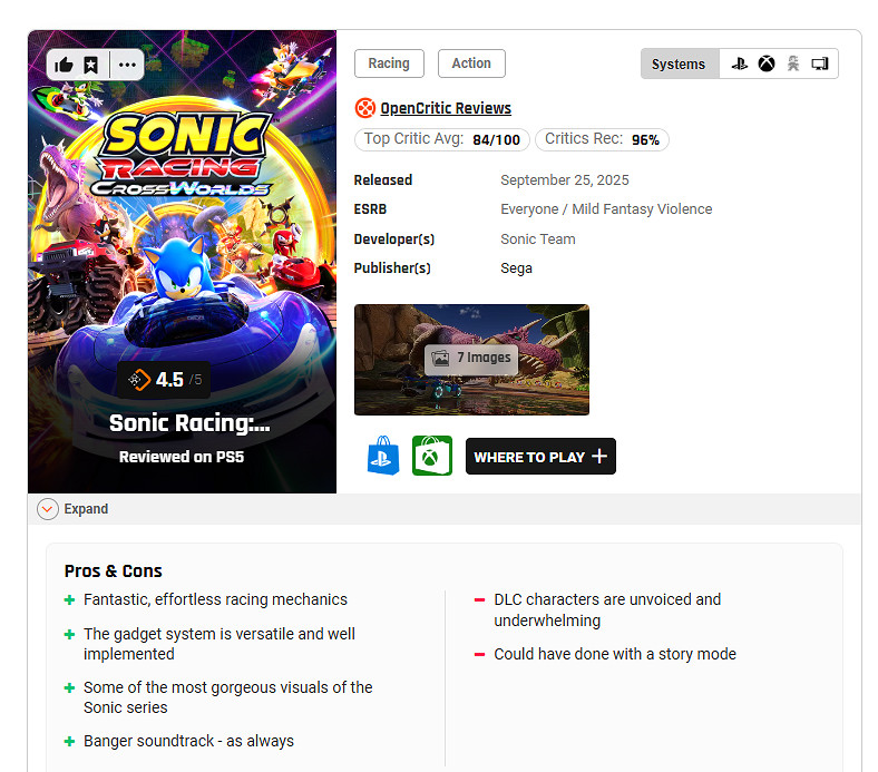 《索尼克賽車》新作媒體評分正式解禁 M站均分為83分 《索尼克賽車》新作媒體評分正式解禁 M站均分為83分