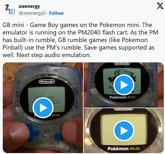 玩家成功在Pokémon Mini迷你掌機上開發GB模擬器! 玩家成功在Pokémon Mini迷你掌機上開發GB模擬器!