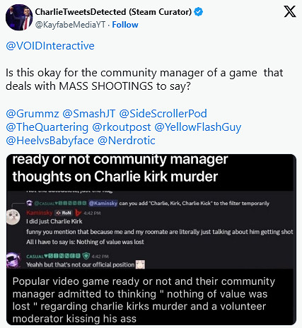 《嚴陣以待》社區經理因科克槍擊案不當言論遭解雇 《嚴陣以待》社區經理因科克槍擊案不當言論遭解雇