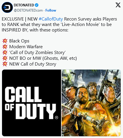 《決勝時刻》真人電影調研啟動!動視探詢玩家偏好 《決勝時刻》真人電影調研啟動!動視探詢玩家偏好