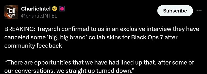 《黑色行動7》積極響應玩家 主動取消大量品牌連動計劃