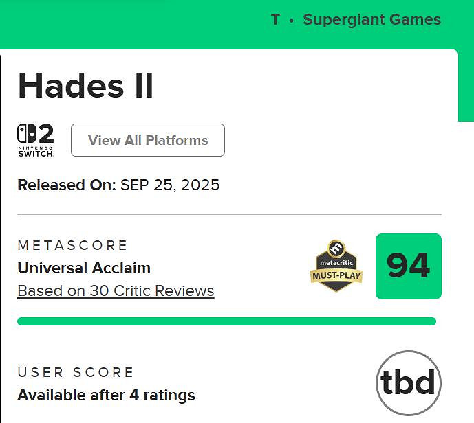 《黑帝斯2》正式版全球媒體評分解禁:M站均分94分 《黑帝斯2》正式版全球媒體評分解禁:M站均分94分