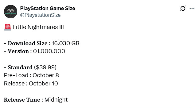 《小小夢魘3》PS5版容量大小曝光：所需16.030GB！