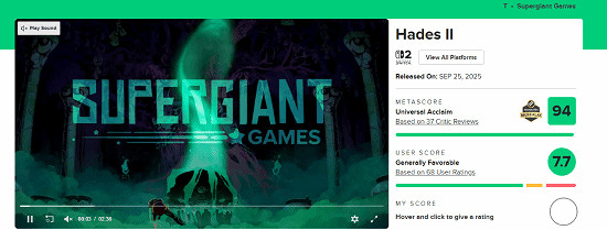 《黑帝斯2》M站玩家均分7.7:進步超大有望角逐年度遊戲 《黑帝斯2》M站玩家均分7.7:進步超大有望角逐年度遊戲