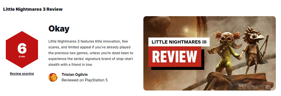 《小小夢魘3》IGN 6分：缺乏創新 體驗似曾相識！