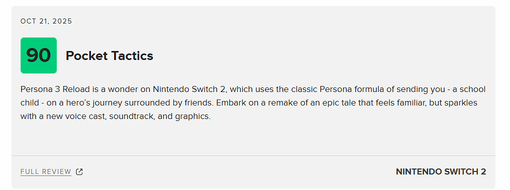 《女神異聞錄3RE》NS2版M站79分：畫面流暢令人滿意！