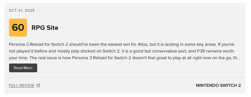 《女神異聞錄3RE》NS2版M站79分：畫面流暢令人滿意！