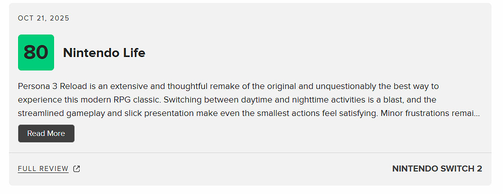 《女神異聞錄3RE》NS2版M站79分：畫面流暢令人滿意！