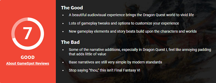 《勇者鬥惡龍1+2重製版》GS 7分:不如其他DQ遊戲! 《勇者鬥惡龍1+2重製版》GS 7分:不如其他DQ遊戲!