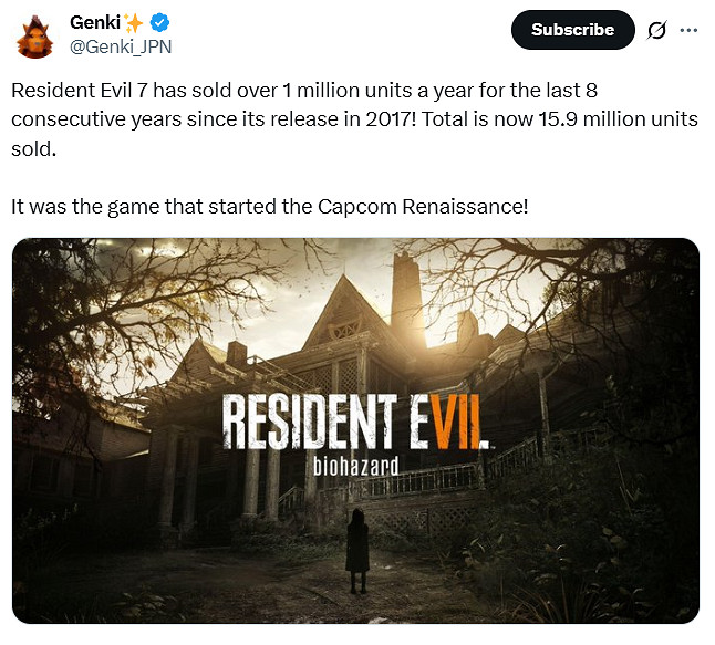 《惡靈古堡7》連續8年每年賣100萬份!總銷量達1590萬 《惡靈古堡7》連續8年每年賣100萬份!總銷量達1590萬