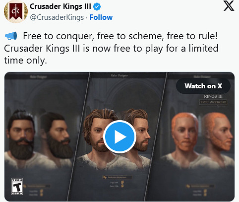 《十字軍之王3》開啟Steam免費遊玩：支援存檔繼承