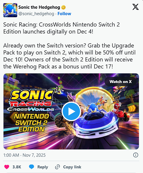 能否撼動瑪利歐賽車?《索尼克賽車》將於下月登陸Switch2 能否撼動瑪利歐賽車?《索尼克賽車》將於下月登陸Switch2