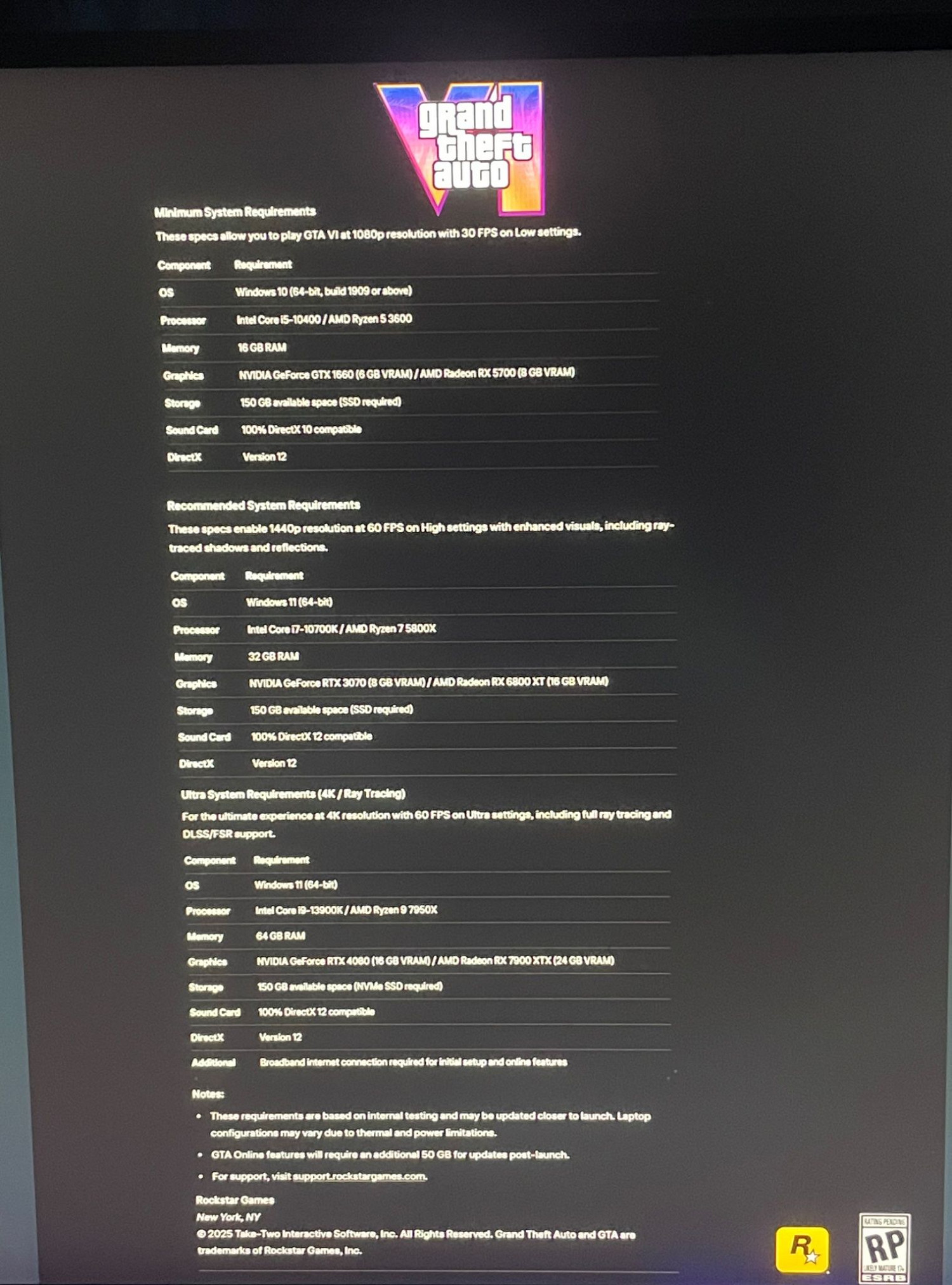 《GTA6》PC配置疑似泄露:最低1660、儲存150GB? 《GTA6》PC配置疑似泄露:最低1660、儲存150GB?