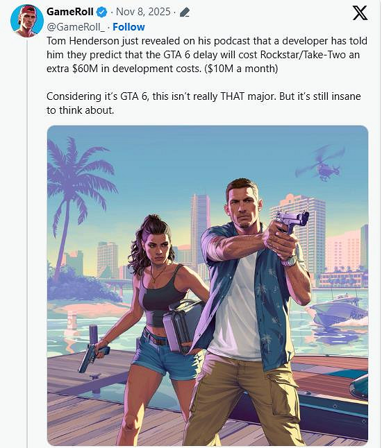 GTA6延期將損失6000萬美元？外媒：小錢！不值一提