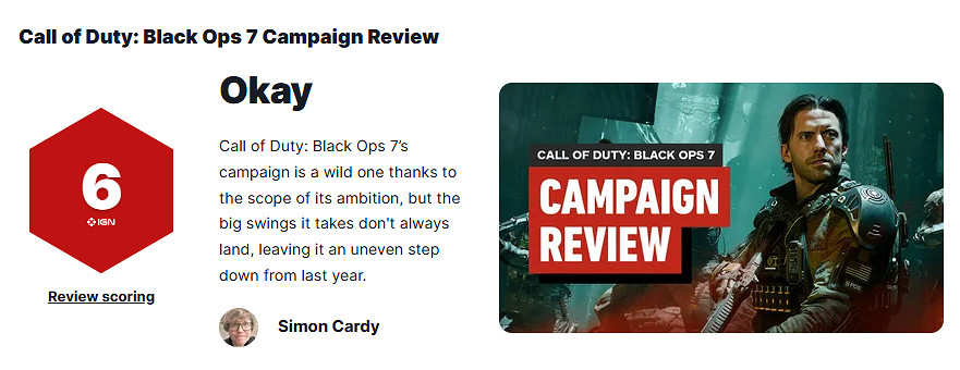 《決勝時刻：黑色行動7》劇情模式IGN 6分：不如前作！