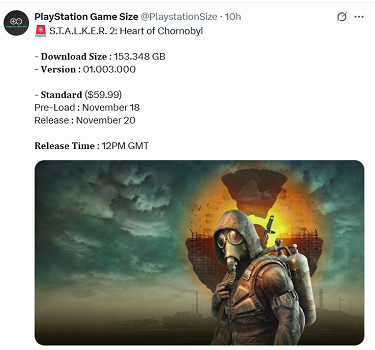 《潛行者2》PS5版容量大小和預載時間曝光：153GB！