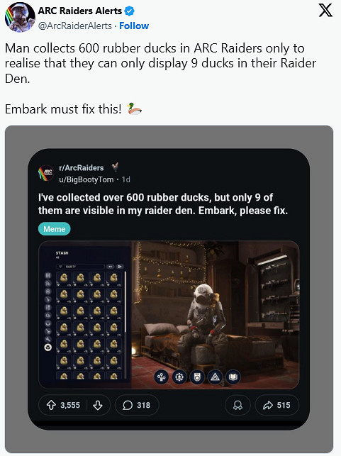 《ARC Raiders》收集玩家呼籲開發組速修陳列功能 《ARC Raiders》收集玩家呼籲開發組速修陳列功能