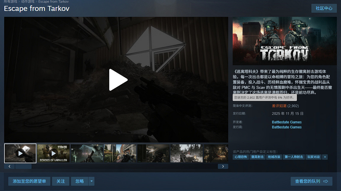 補償難平眾怒?《逃離塔科夫》Steam中文好評率僅6% 補償難平眾怒?《逃離塔科夫》Steam中文好評率僅6%