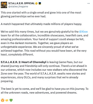 開發商官宣《潛行者2》即將離開 Xbox Game Pass (XGP)  新故事正在籌備