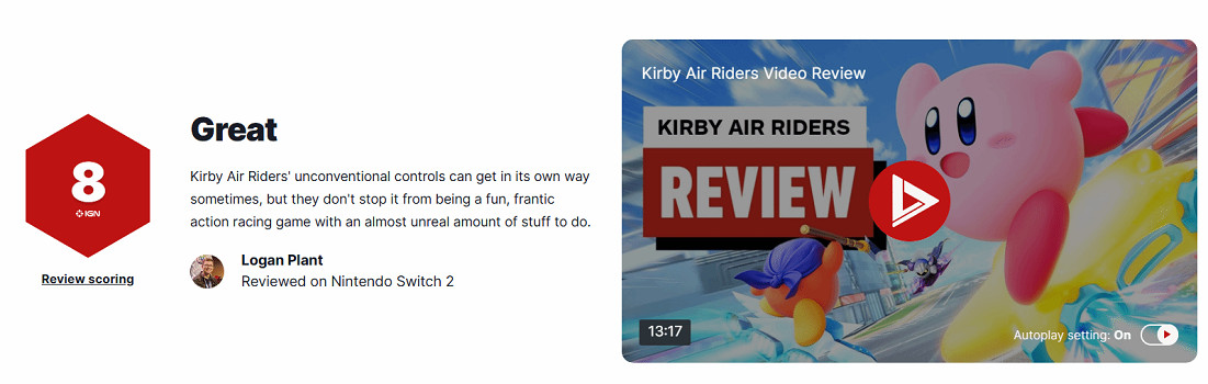 《卡比的馭天飛行者》IGN 8分：節奏緊張 充滿樂趣！