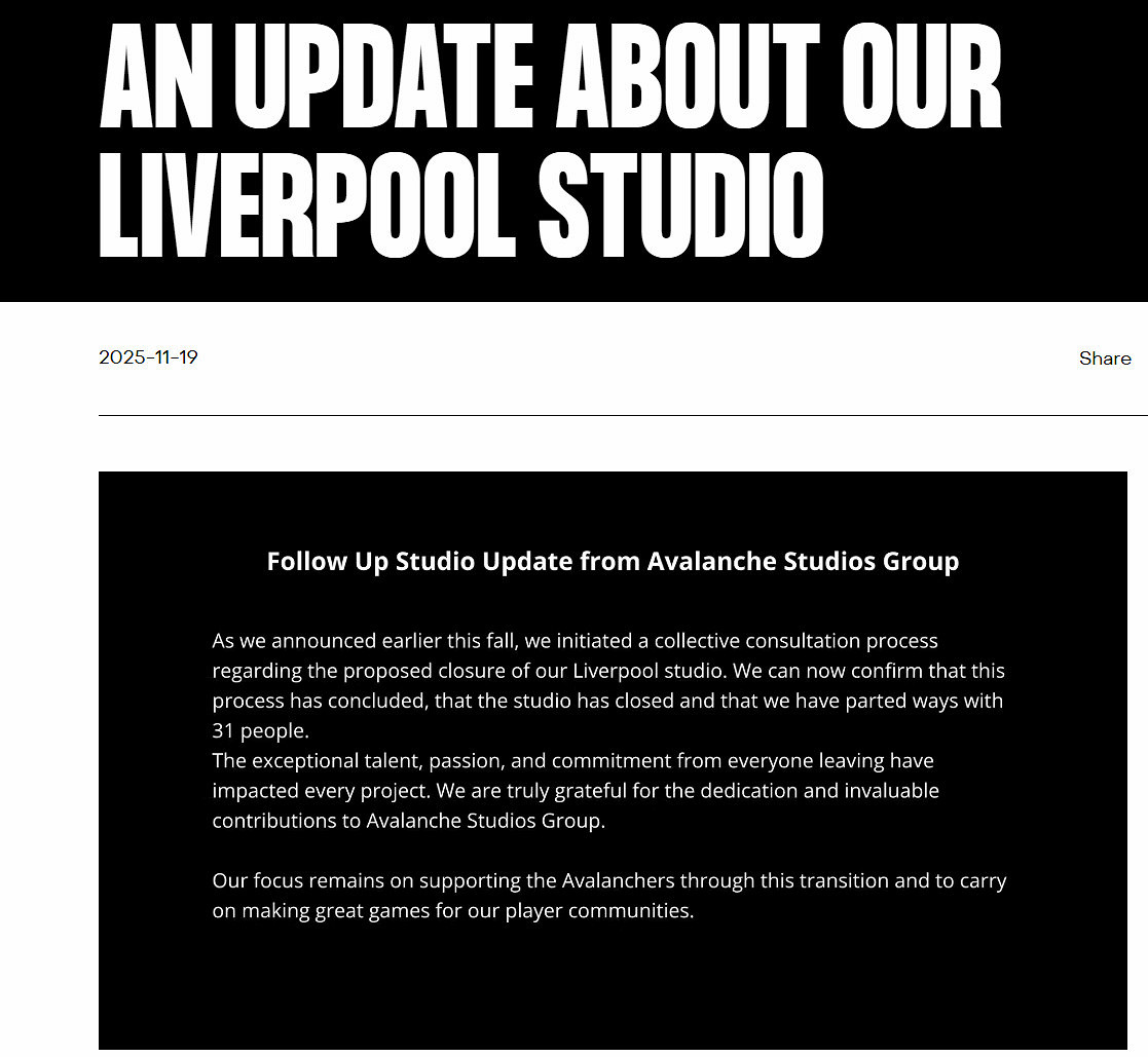 Avalanche關閉利物浦工作室 《Contraband》復活無望