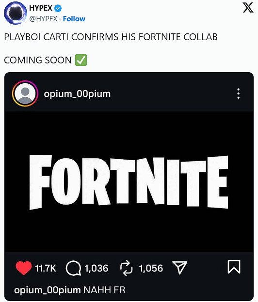 《堡壘之夜》宣布與說唱歌手Playboi Carti展開連動