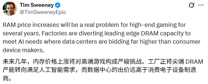 Epic CEO發出警告：記憶體漲價將持續衝擊高階遊戲產業