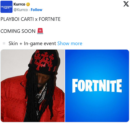 《堡壘之夜》宣布與說唱歌手Playboi Carti展開連動