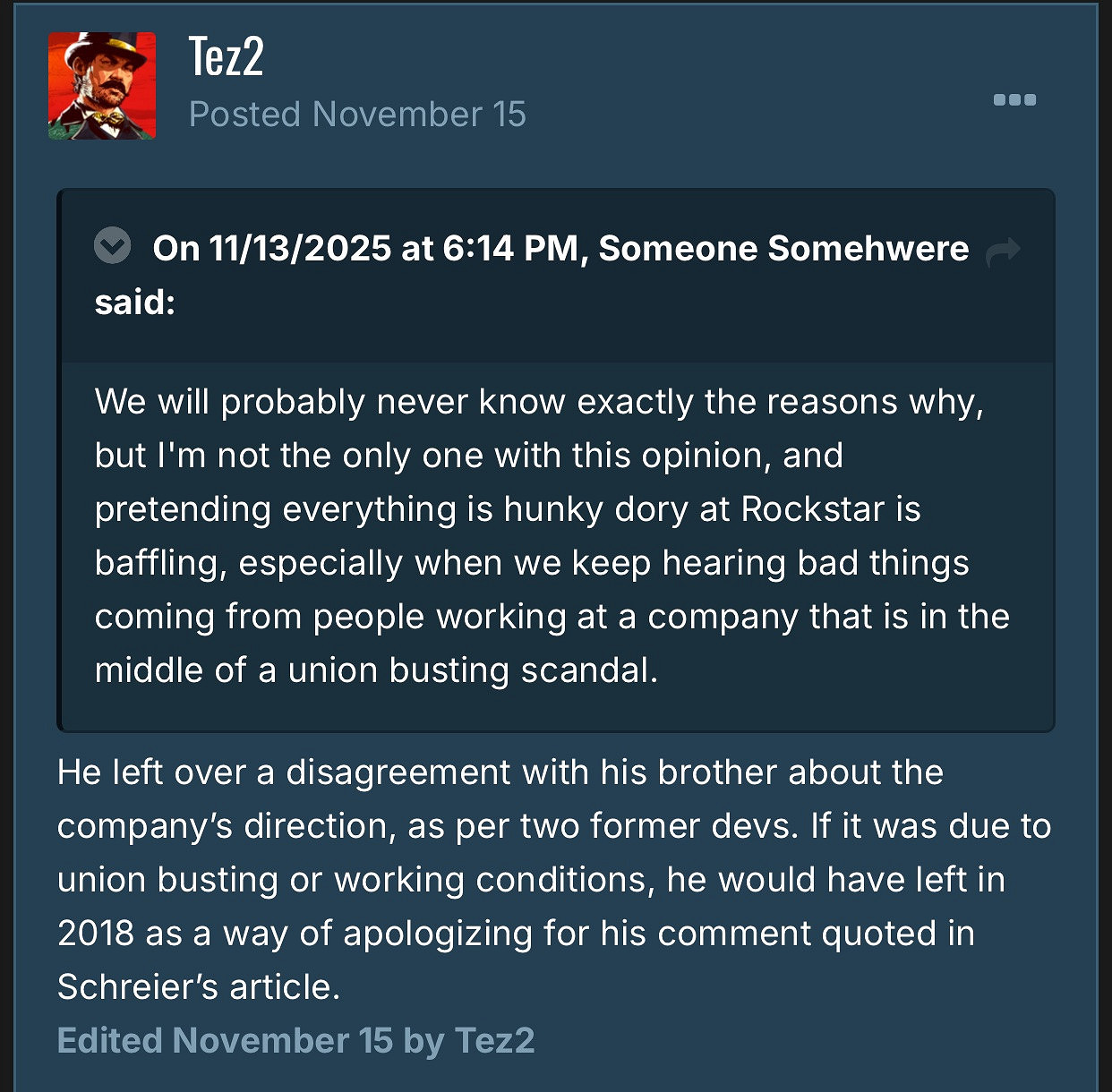 R星前創始人揭曉離開原因 網友回復：更愛以前的味道