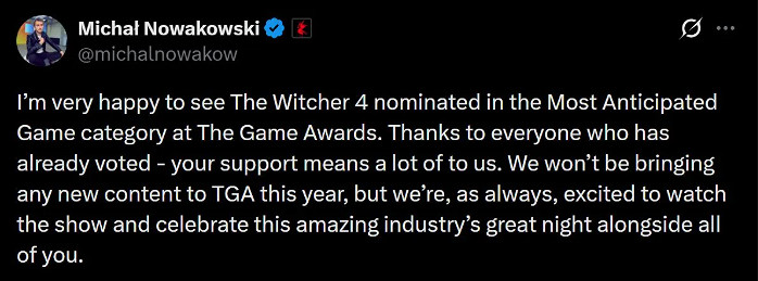 CDPR確認《巫師4》將缺席2025TGA典禮並且不展示新內容