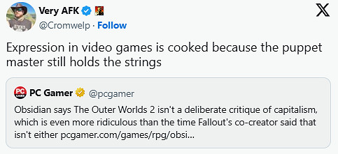 拉瑞安發行總監暗諷《外圍世界2》迴避批判資本主義