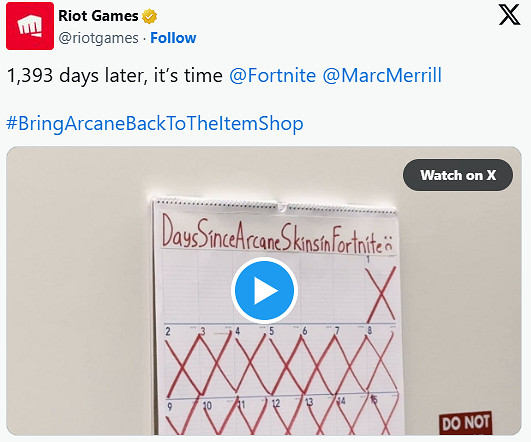 《堡壘之夜》x《奧術》連動皮膚時隔1393天返場