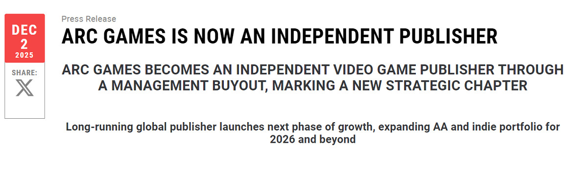 Arc Games宣布自己已經成為一家獨立的遊戲發行商！