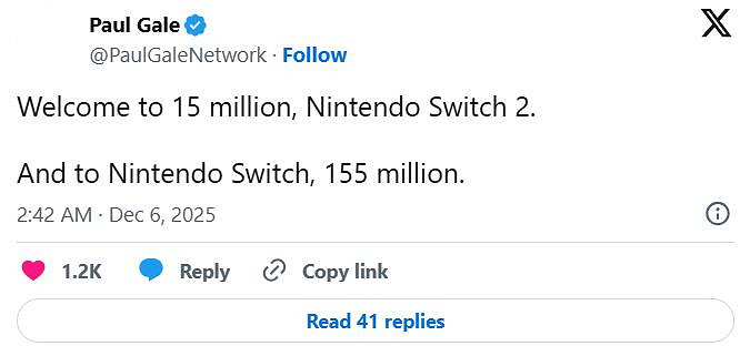 曝任天堂Switch2已售出1500萬台：穩守首發銷量紀錄！
