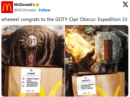 麥當勞連動TGA玩梗出圈!跨界發文祝賀《光與影》 麥當勞連動TGA玩梗出圈!跨界發文祝賀《光與影》