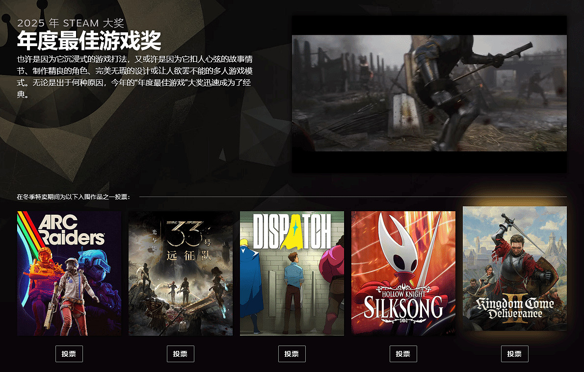 Steam大獎提名公開：《光與影》《天國拯救2》等入圍