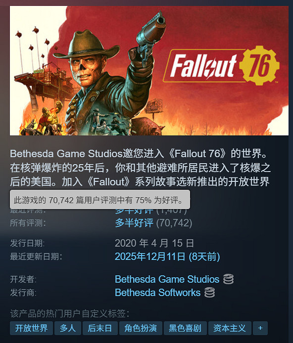 末日生存佳作《異塵餘生76》Steam新史低：1折僅需16元！