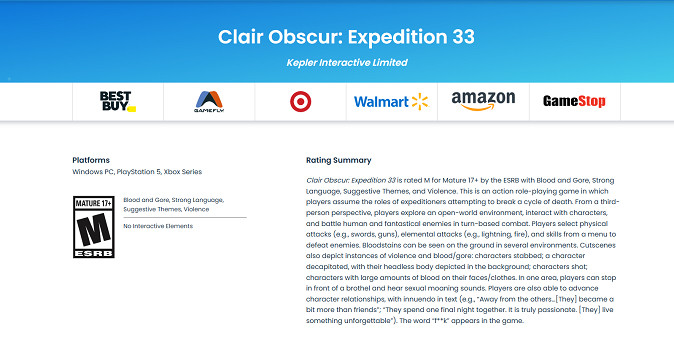 《光與影》ESRB評級為M：含斬首 性暗示與粗俗語言！