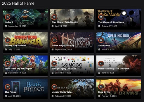 OC站2025年度名人堂榜單出爐：《黑帝斯2》95分登頂!