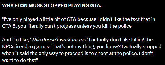馬斯克以"反感擊殺NPC"為由拒玩《GTA6》！慘遭群嘲