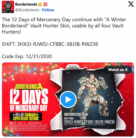 《邊緣禁地4》再放SHiFT兌換碼：免費領取節日皮膚