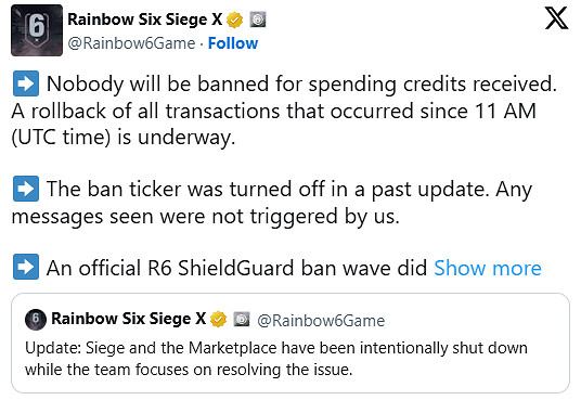 育碧宣布回滾《虹彩六號》全服交易資料至安全時間點 育碧宣布回滾《虹彩六號》全服交易資料至安全時間點