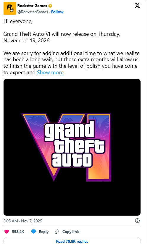 這次真的等到了!R星官宣:《GTA6》定檔2026年11月 這次真的等到了!R星官宣:《GTA6》定檔2026年11月