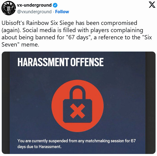 《虹彩六號》再遭駭客入侵！多位玩家被惡搞封禁67天