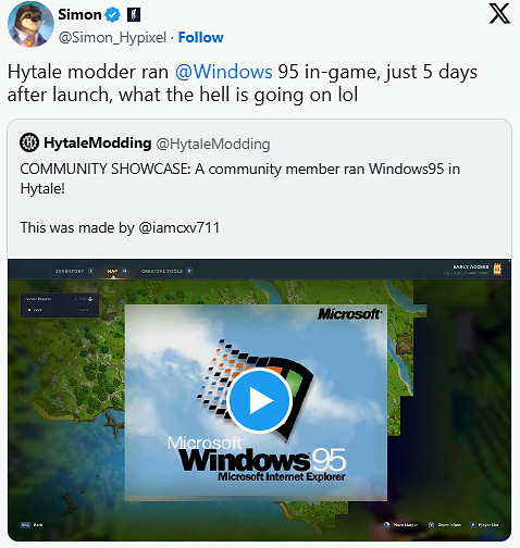 《Hytale》湧現神奇MOD！玩家實現在遊戲內運行Win95