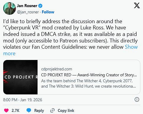 《2077》VR付費MOD盜版瘋傳!作者抗議被吐槽太貪婪 《2077》VR付費MOD盜版瘋傳!作者抗議被吐槽太貪婪