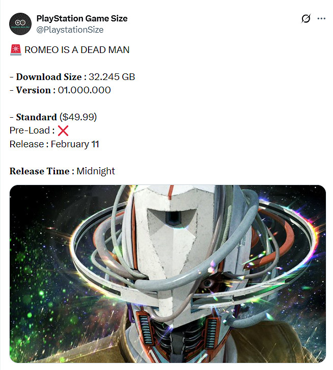 須田剛一《羅密歐是個絕命俠》PS5容量曝光:約32GB 須田剛一《羅密歐是個絕命俠》PS5容量曝光:約32GB