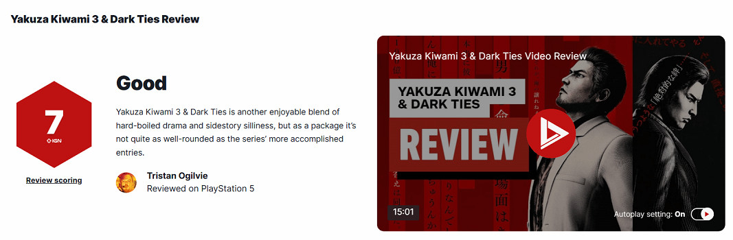 《人中之龍：極3》IGN 7分：原作改造成功 但外傳內容拖遝