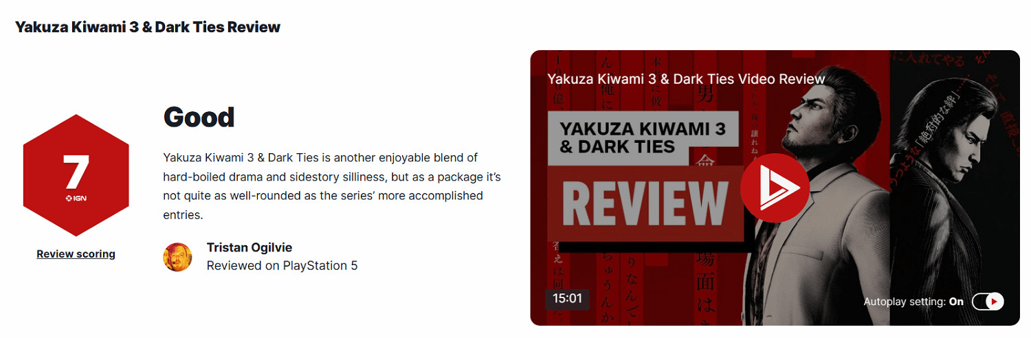 《人中之龍：極3》IGN 7分：原作改造成功 但外傳內容拖遝